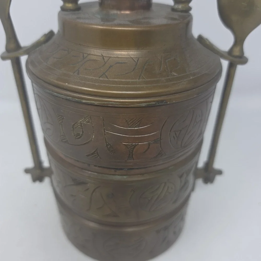 Vintage Brass Tiffin Stacking Food Boxes With Fork And Spoon Screw in Handle